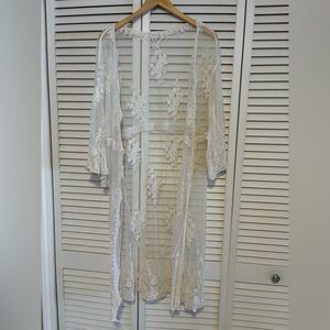 Pool Beach CoverUp Midi Dress Robe white Lace Embroidery Half Sleeve Size Medium